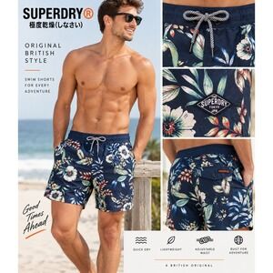 Superdry Mens Navy Blue Floral Tropical Board Shorts Swim Trunks Size 2XL